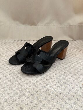 Hermes Black Textured  with Brown Block Heel